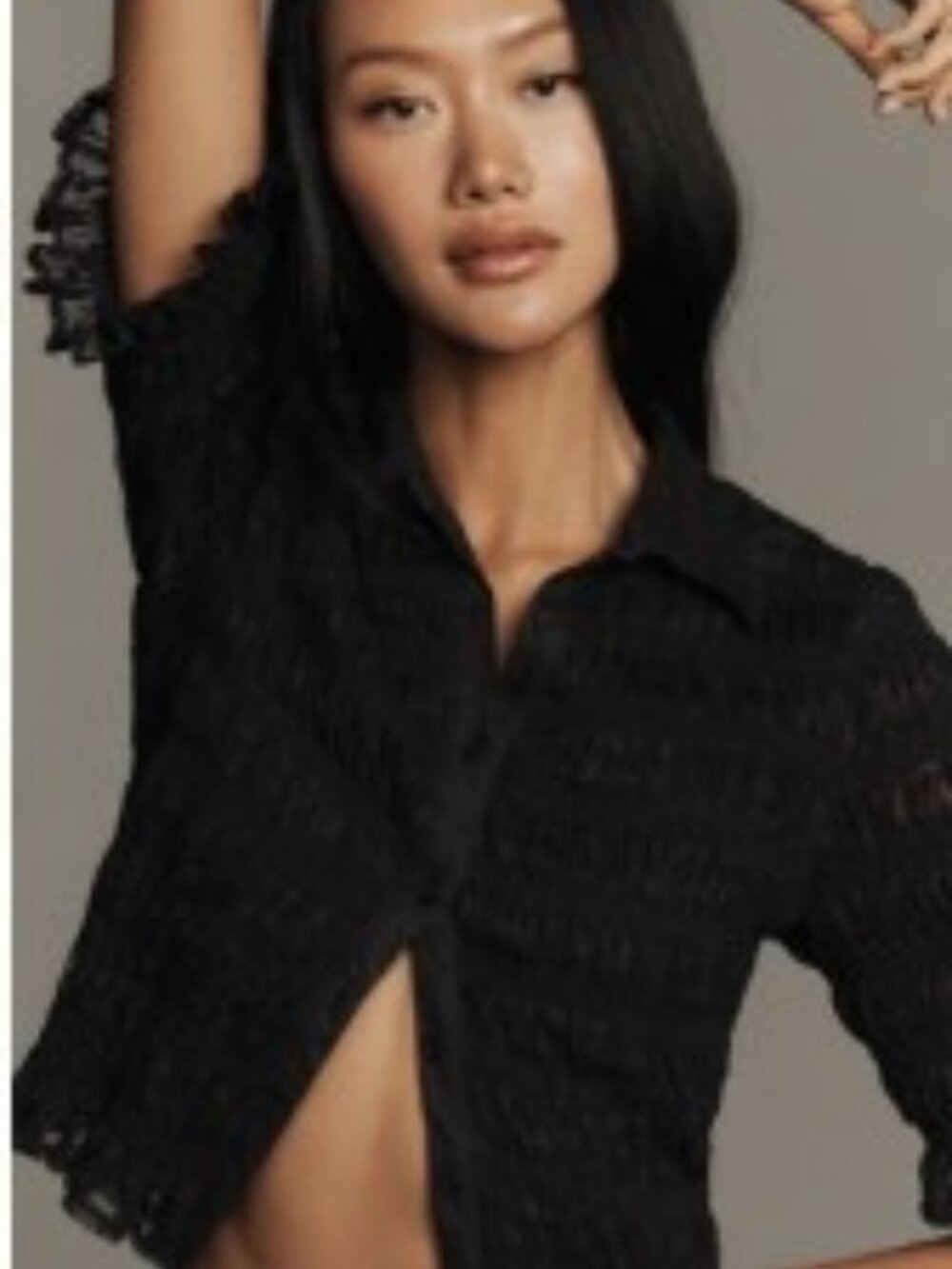 NWT! Maeve/Anthro Black Collared Semi-Sheer Button Up Lace Top - XXS